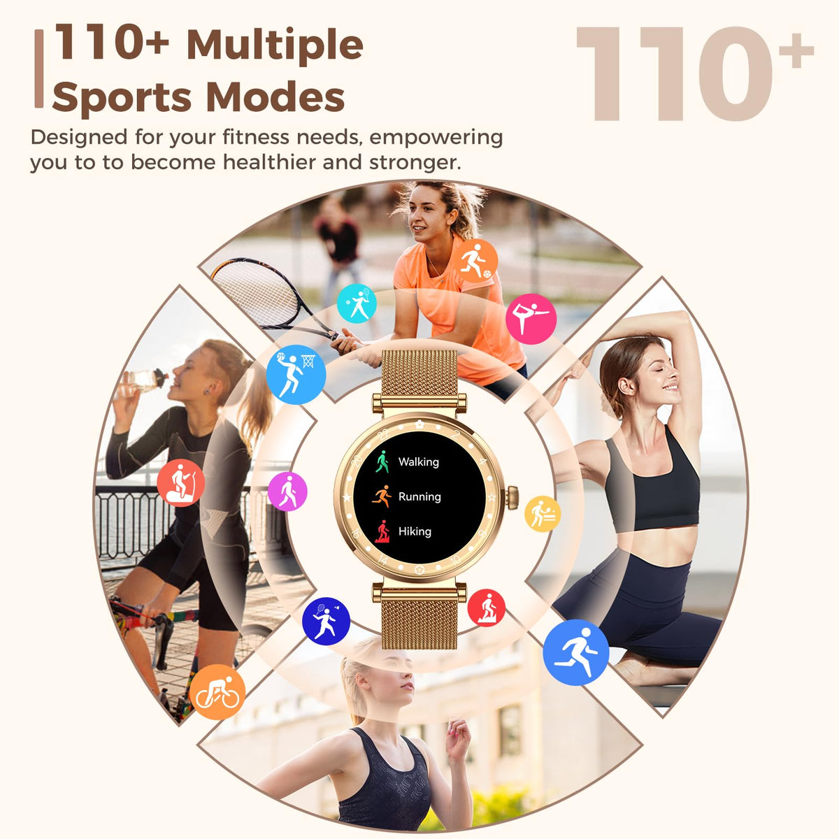 Smart Watch for Women, HD AMOLED Display Fitness Tracker Bluetooth Make/Answer Call, 1.19" Watches with 110+ Sports Modes/Heart Rate/Sleep Monitor/SpO2, Smartwatch IP68 Waterproof for Android iOS