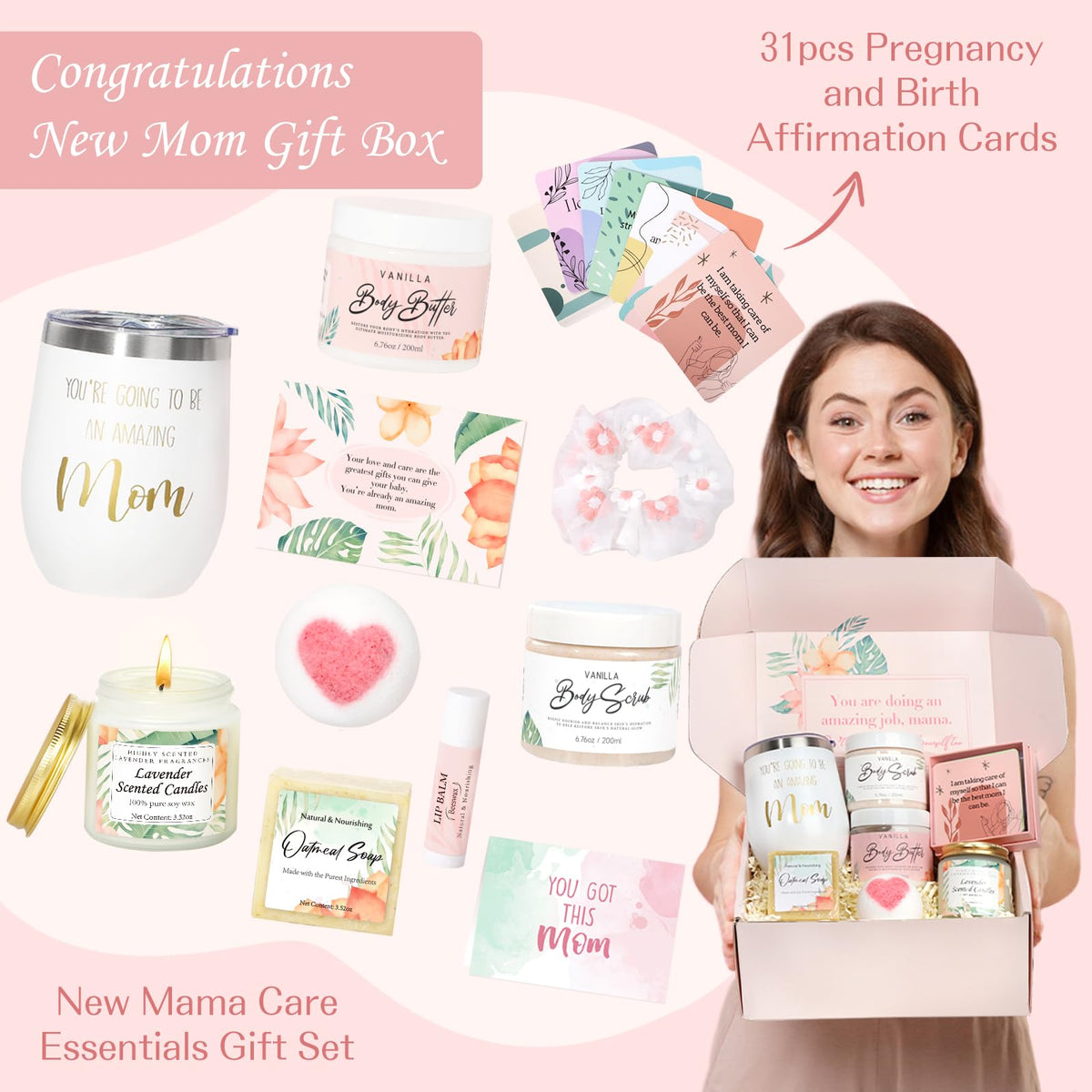 New Mom Gifts for Women, Pregnancy Gifts for Expecting Mom, new Mom Care Package After Baby, Mothers Day Mom to Be Gift Mama Must Haves with Affirmation Cards Candle for Self Care After Birth (Pink)