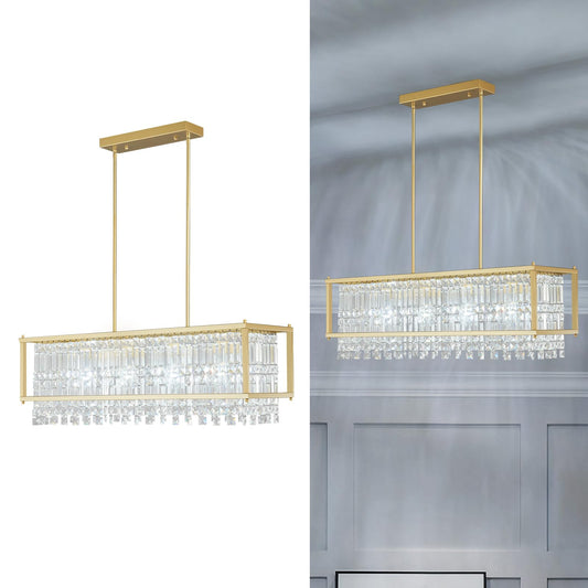 LMQNINE Modern Rectangle Chandelier for Dining Room, Gold Crystal Chandelier Linear Light Fixture, Farmhouse Chandeliers for Kitchen Island, Bar Table, L35.43'' x W11.81'' x H9.84''