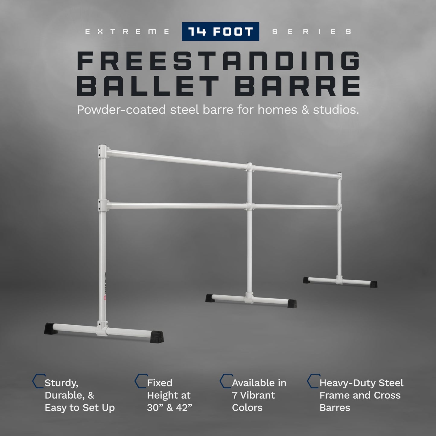 VITA Barre Portable Freestanding Double Ballet Barre, Extreme, 14 Ft Bars, Satin Silver, Steel | Fixed Height, Made in USA, Home or Gym Exercise Equipment for Kids & Adults | Dance, Fitness, Pilates