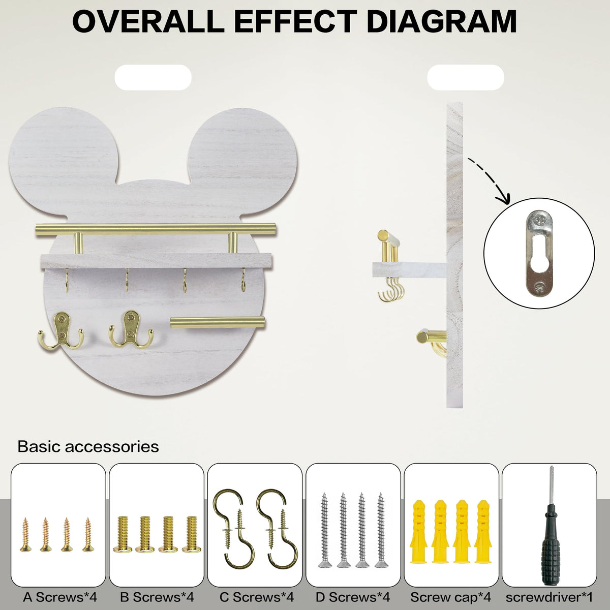 AIRPOP Key Holder for Wall–Mouse Wooden Mail Organizer Wall Mount with Shelf and 6 Hooks, Easy Installation Key Rack Hanger for Entryway Living Room Home Decor(White)