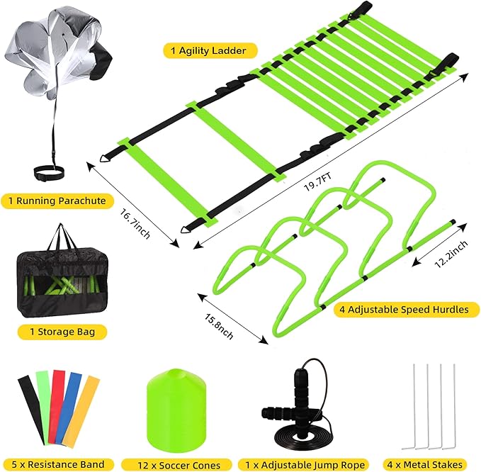 Agility Ladder, Agility Speed Training Set, 20ft 12 Rung Agility Ladder, 4 Agility Hurdles, 5 Resistance Bands, 12 Resistance Cones, Running Parachute, Jump Rope for Athletes, Adults