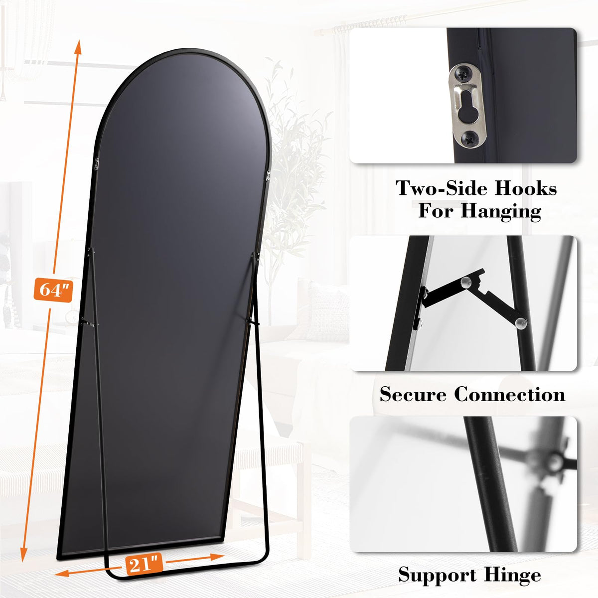 DUMOS Arched Full Length Mirror with Stand 64"x21" Floor Standing Aluminum Frame for Bedroom Body Hanging Leaning Modern Simple Home Decor Shatter-proorf Nano Glass Wall Living Room Cloakroom Black