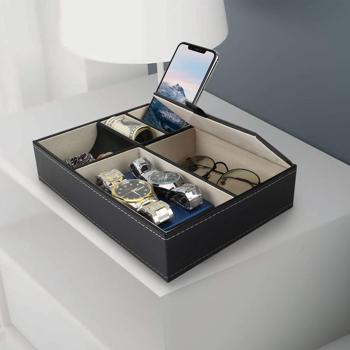 Baoyun Mens Valet Tray Organizer, Mens Jewelry Box, Nightstand Organizer for Men with 5 compartments, Faux Leather Key Tray for Entryway Table, Bedside Storage for Watch, Coin, Phone Gifts for Men