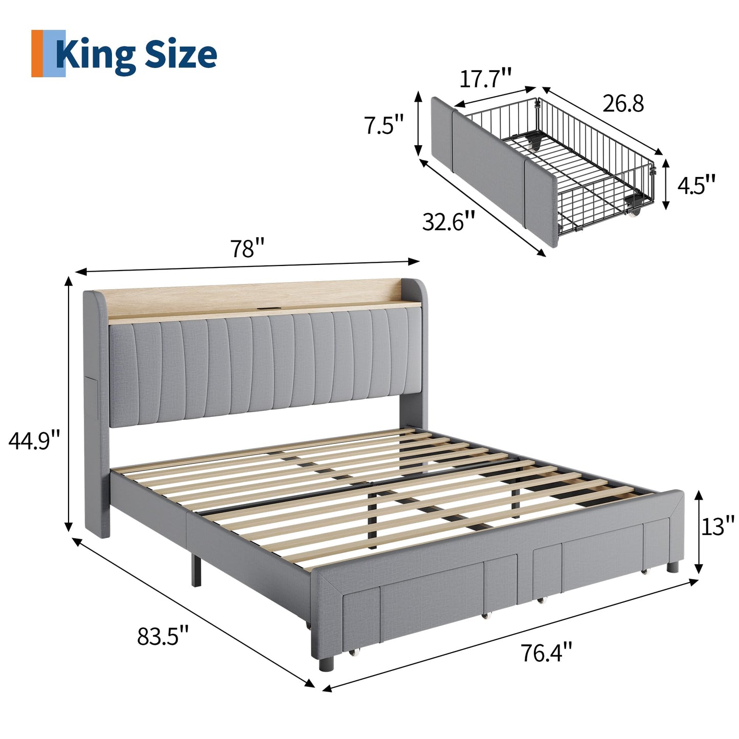 Garvee Upholstered Bed Frame King Size with Storage Headboard and Charging Station, Platform Bed Frame with Drawers, Heavy Duty, No Box Spring Needed, Easy Assembly, Light Grey