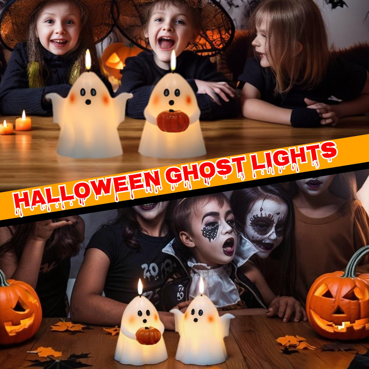 DRomance Halloween Ghost Flameless Candles with Timer Real Wax Battery Operated White LED Flickering Pillar Candles Hand Painted Looking Dinner Spooky Halloween Decor(2 Pack, 3.5" D x 5" H)