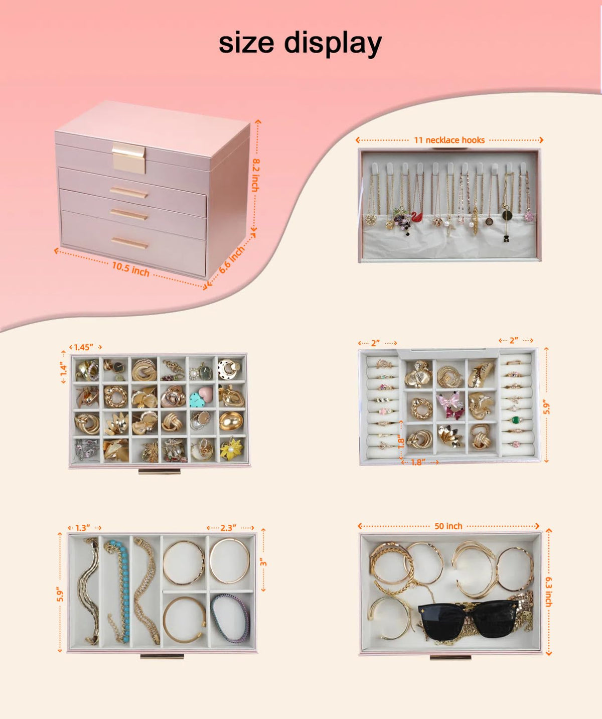 BOOVO Jewelry Boxes for Women, 5 Layer Jewelry Organizer with Necklace Hanger and Drawers, Large Jewelry Box for Earrings, Necklace and Bracelet Storage Gifts for Women and Girls (Rose Gold, 5 Layer)