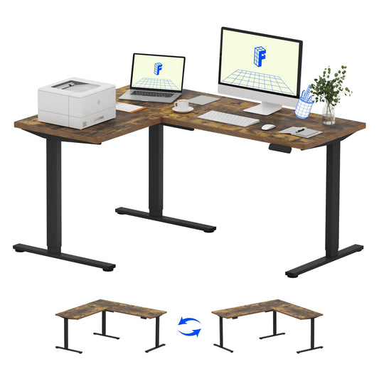 FLEXISPOT L Shaped Standing Desk, 63 x 47 Inch Electric Height Adjustable Corner Desk, Sit Stand Computer Workstation, Preset Controller, Home Office, Black Frame with Rustic Brown Top