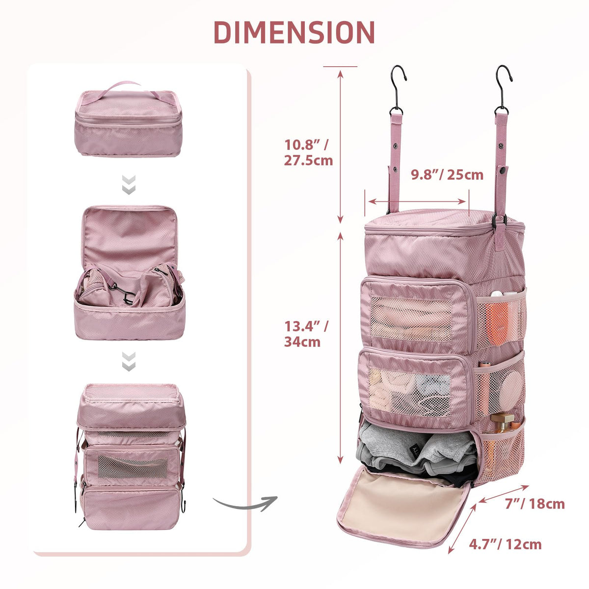GOLF QUALITY Multi-layer storage bag Casual simple Luggage Packing Organizer with Hook,Clothing Underwear Bag,Carry On Closet,Purple pink