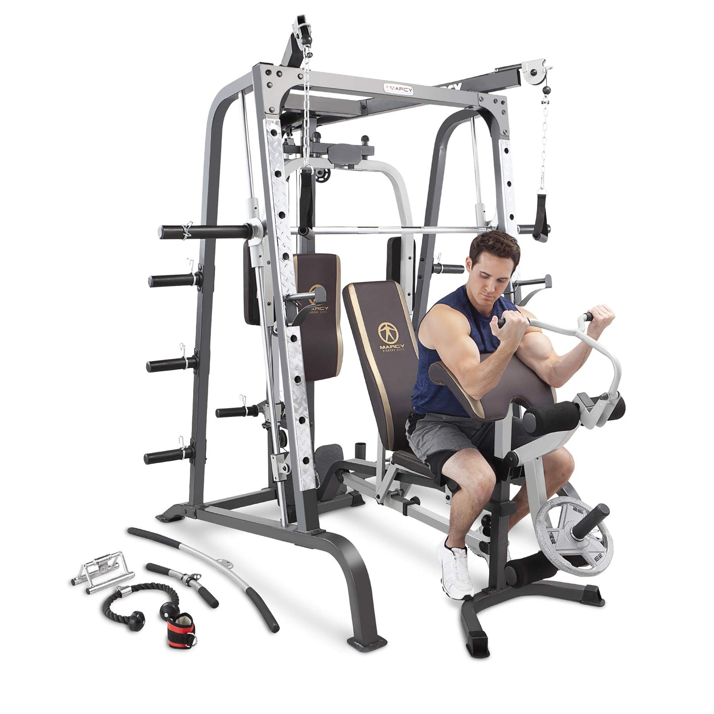 Marcy Power Cage, 1900 lbs Multi-Functional Smith Machine Cage System for Home Gym Training, with Leg Developer, Press Bar, and Squat Rack, Silver