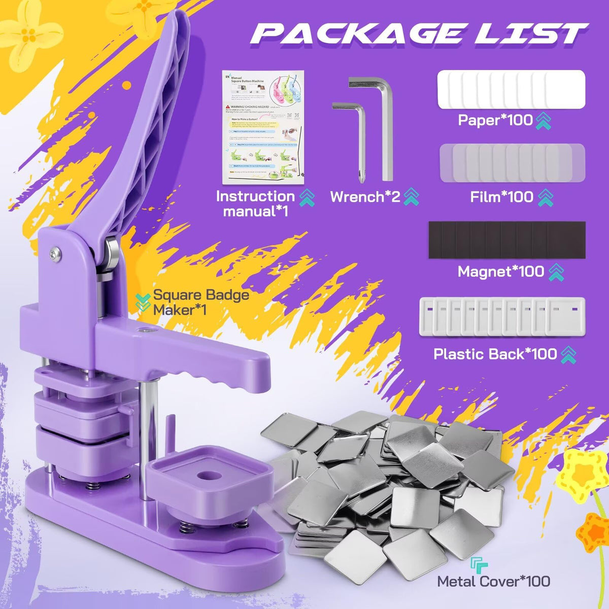 Square Magnet Button Maker Press Machine with 100 Sets Square Badge Making Supplies 2'' x 2'', Custom Fridge Badges – Ideal for Parties, Events, Business, School