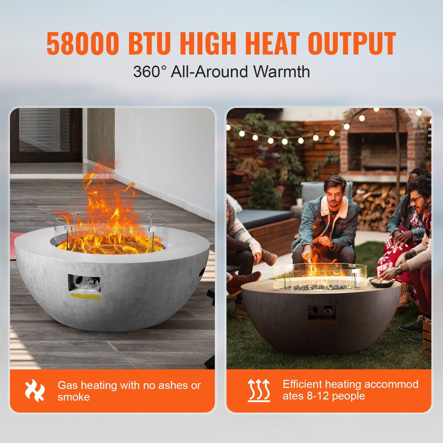 VEVOR Propane Fire Pit, Outdoor Concrete Gas Fire Pit, 39 in Tabletop with Lava Rocks, Lid,Rain Cover,Adjust Flame Height Camping Firepit for Heating, Lighting, 50000 BTU