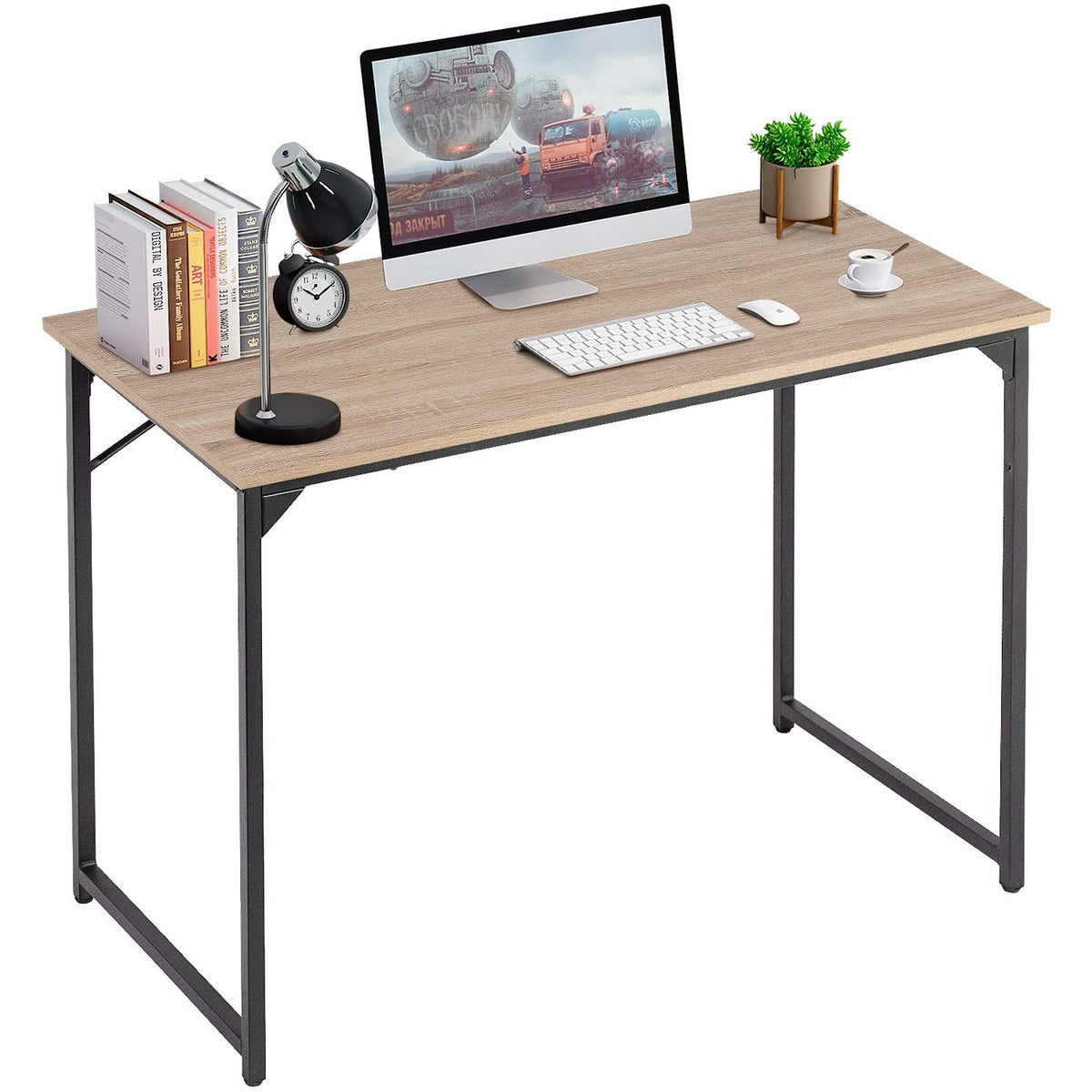 PayLessHere | 39 Inch Computer Desk | Nature | Office Desk with Metal Frame, Adjustable Feet | Water-Resistant, Scratchproof Surface | Sturdy Writing Table for Home Office or Study | Pack of 1