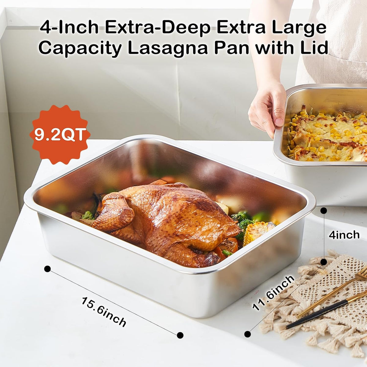 Skiennix 4-Inch Extra Deep Lasagna Pan - 11.6x15.6 Inch Nonstick Stainless Steel with Lid | 9.2QT Capacity