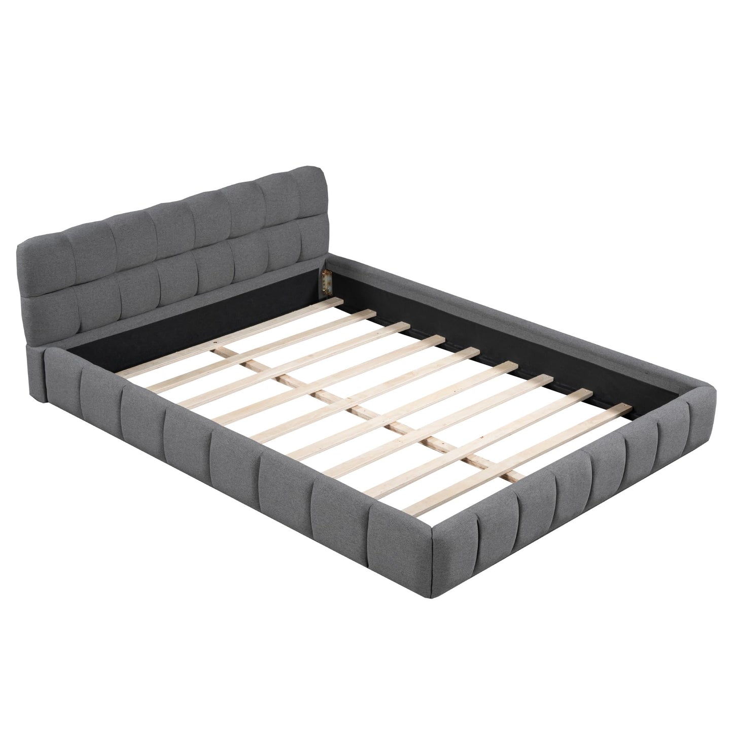 Merax Modern Tufted Platform Bed Queen Linen Floor Bed Frame with Headboard No Box Spring Needed Gray