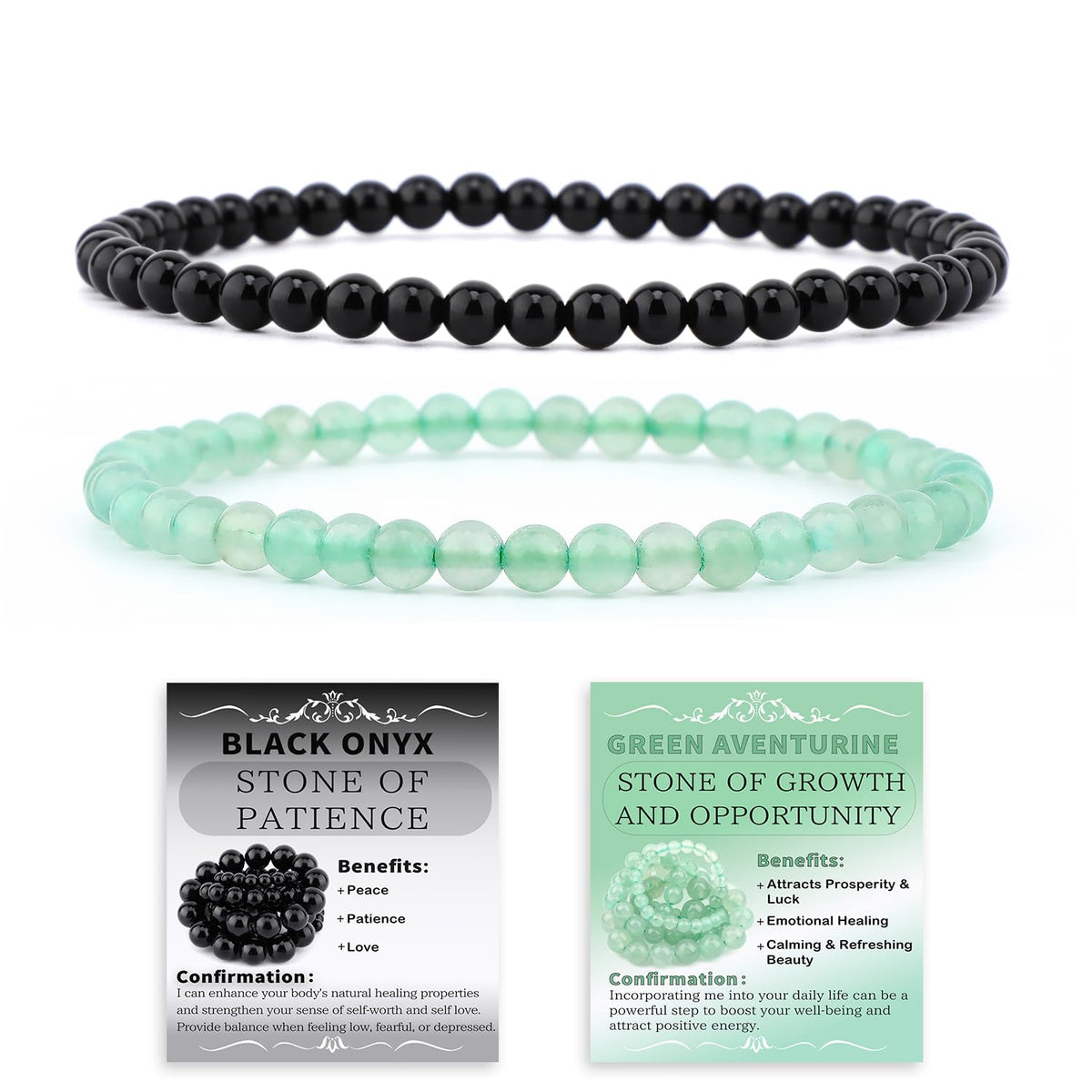 NCB 2-Piece 4mm Natural Crystal Gemstone Stretch Bracelets – ﻿Black Onyx, Green Aventurine Handmade Reiki Energy Healing Jewelry for Meditation,Yoga, Unisex