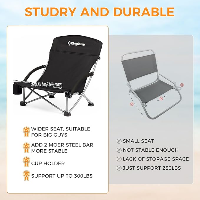 KingCamp Low Beach Chairs, Portable Folding Chair for Adults Extra Wide Ergonomic High Back Seat 300lbs Heavy Duty Lightweight Oversized Gear with Carry Bag for Outdoor Lawn Camping Picnic