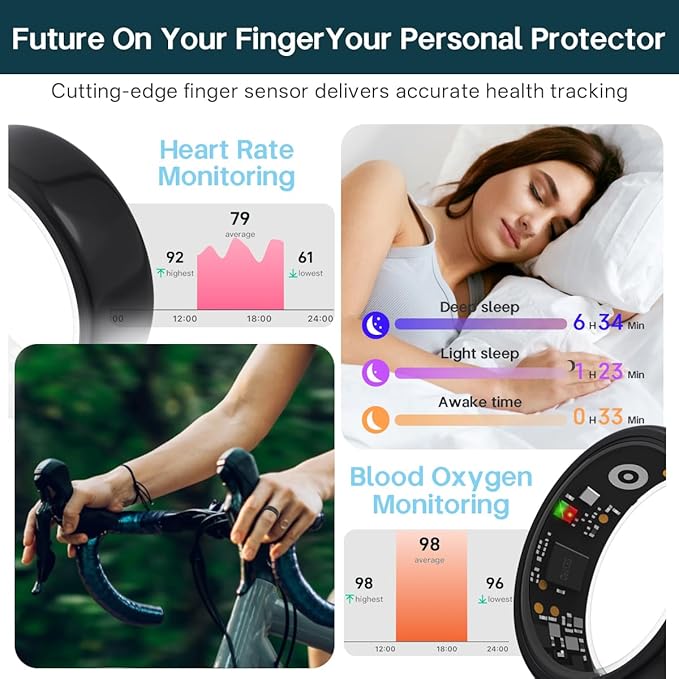 Smart Rings for Women Men,Fitness Tracker Ring,Heart Rate,Blood Oxygen,Blood Pressure,Step Tracker,Sleep Monitoring,No Subscription Fee,IP68 Waterproof Smart Ring for iphone&Android(Black 12)