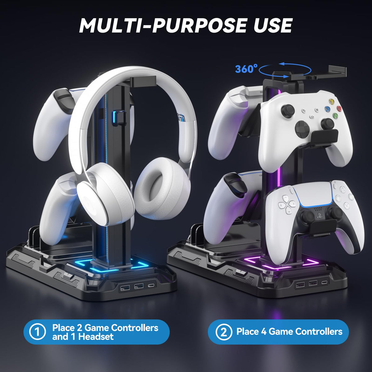 KDD Headset Stand with Charging Station - Detachable Controller Holder with 9 Light Modes - Rotatable Headphone Hanger with USB A&C Charger Ports - Earphone Hook for PC Gaming Accessories Storage