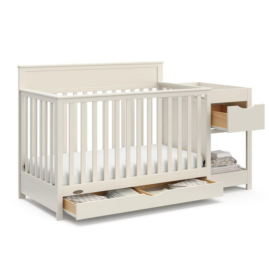 Graco Shiloh 5-in-1 Convertible Crib & Changer with Drawer – GREENGUARD Gold Certified Baby Crib Crafted from Wood, Converts to Toddler Bed, Daybed, and Full-Size Bed (Frosted Oat)