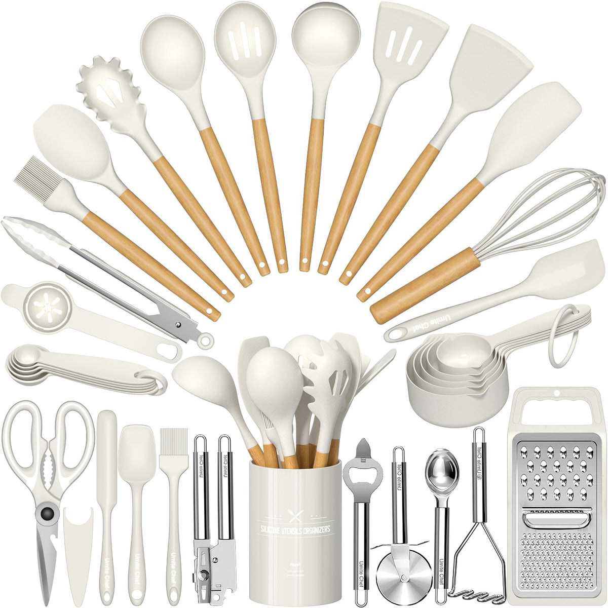 Umite Chef Silicone Kitchen Utensil Set, 34PCS Heat Resistant Kitchen Gadgets and Tools With Grater, Cream White Wood Handles for Nonstick Cookware