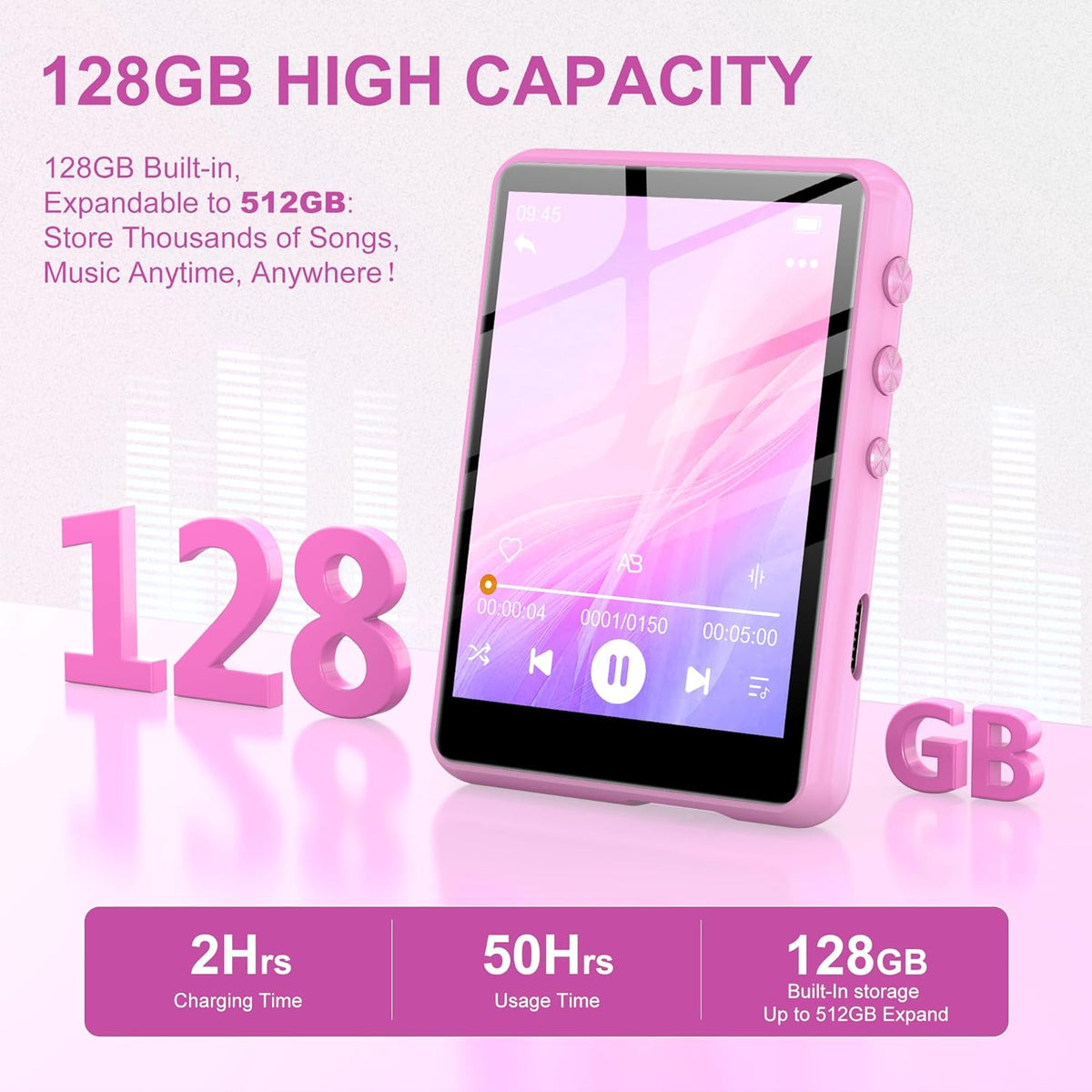 SWOFY 128GB MP3 M4 5.4, 2.4" MP3 Player with Bluetooth Pink- Music Player with Bluetooth Portable HiFi Player with FM