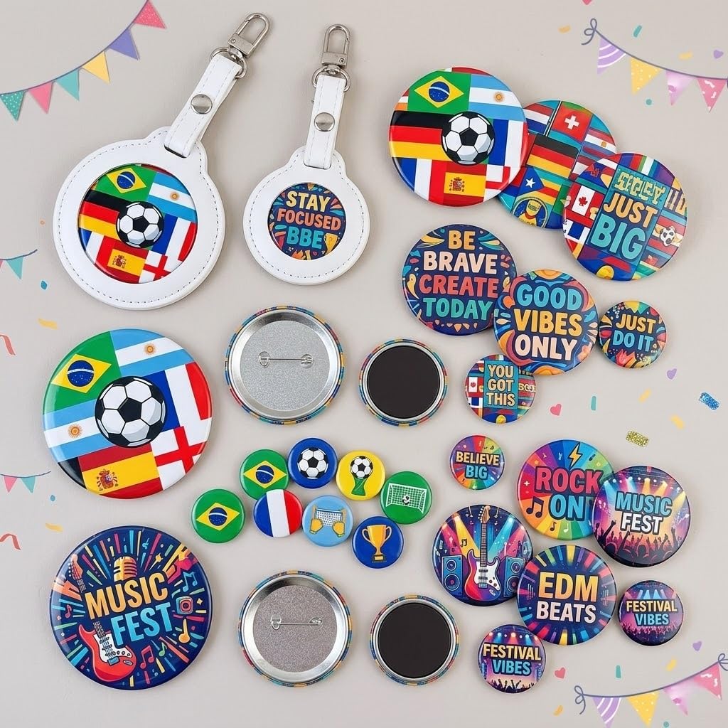 Mryitcal Button Maker Machine 1''+1.25''+2.25'' Pin Maker Button Press Machine w/ 300 Metal Pinback, 10 Fridge Magnet, 5 Badge Charm, 1 Cutting Mat, Badge Making Kit for Custom Badge, Party Favors