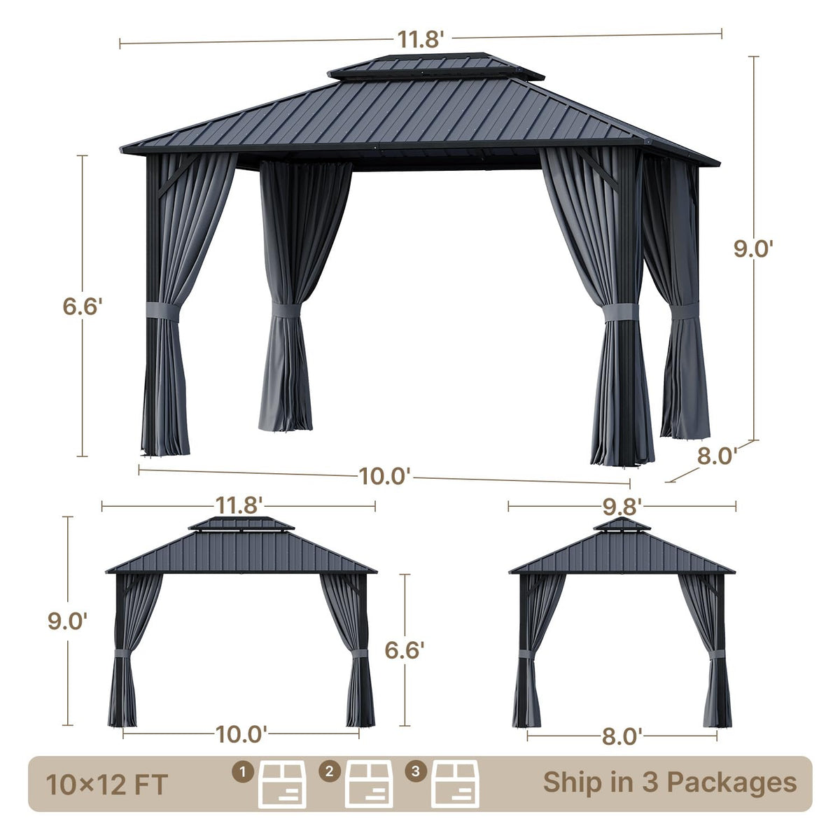 Ahomly 10'x12' Hardtop Gazebo, Aluminum Frame Metal Canopy with Double Roof, Outdoor Gazebo with Breathable Netting & Privacy Curtains, Pavilion for Patios for Backyard Deck Dark Grey