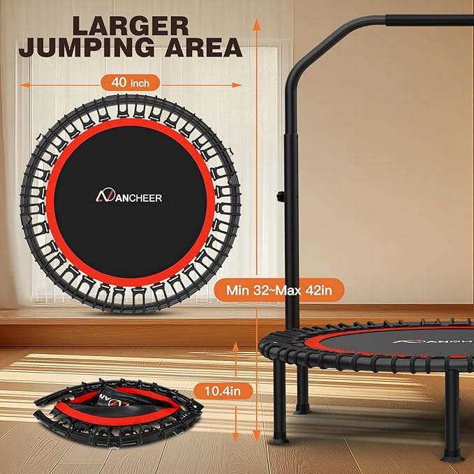 ANCHEER 40"/48" Foldable Rebounder Trampoline for Adults/Kids with Resistance Bands and Bungees, Indoor & Outdoor Mini Trampoline with Bar and Safety Padding - Max Load 450lbs/550lbs