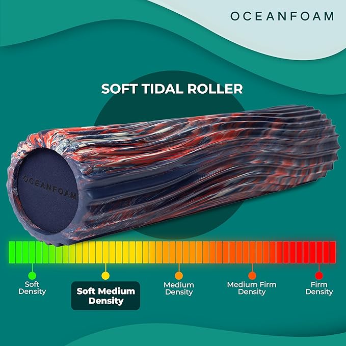 Oceanfoam Soft Tidal Roller (Dark Navy, Red and Natural Marbled) - Low Density Foam Roller for Physical Therapy, Back Pain, Exercise & Stretching - Wave Textured - Yoga, Wellness - Full Size, 20" x 5"