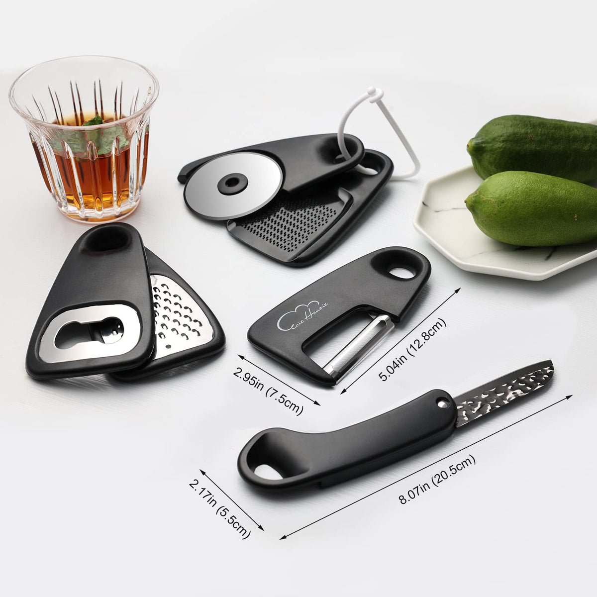 Kitchen Gadgets Set 6 Piece, Space Saving Kitchen Utensils Stainless Steel Accessories Cheese Grater, Bottle Opener, Pizza Cutter, Vegetable Peeler, Paring Knife, Garlic Grinder, Burlap Bag Gift(BLK)