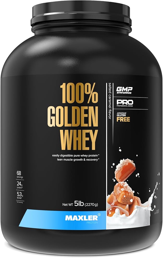 Maxler 100% Golden Whey Protein - 24g of Protein per Serving - Premium Whey Protein Powder for Pre Post Workout - Fast-Absorbing Whey Concentrate, Isolate & Hydrolysate Blend - Salted Caramel 5 lb