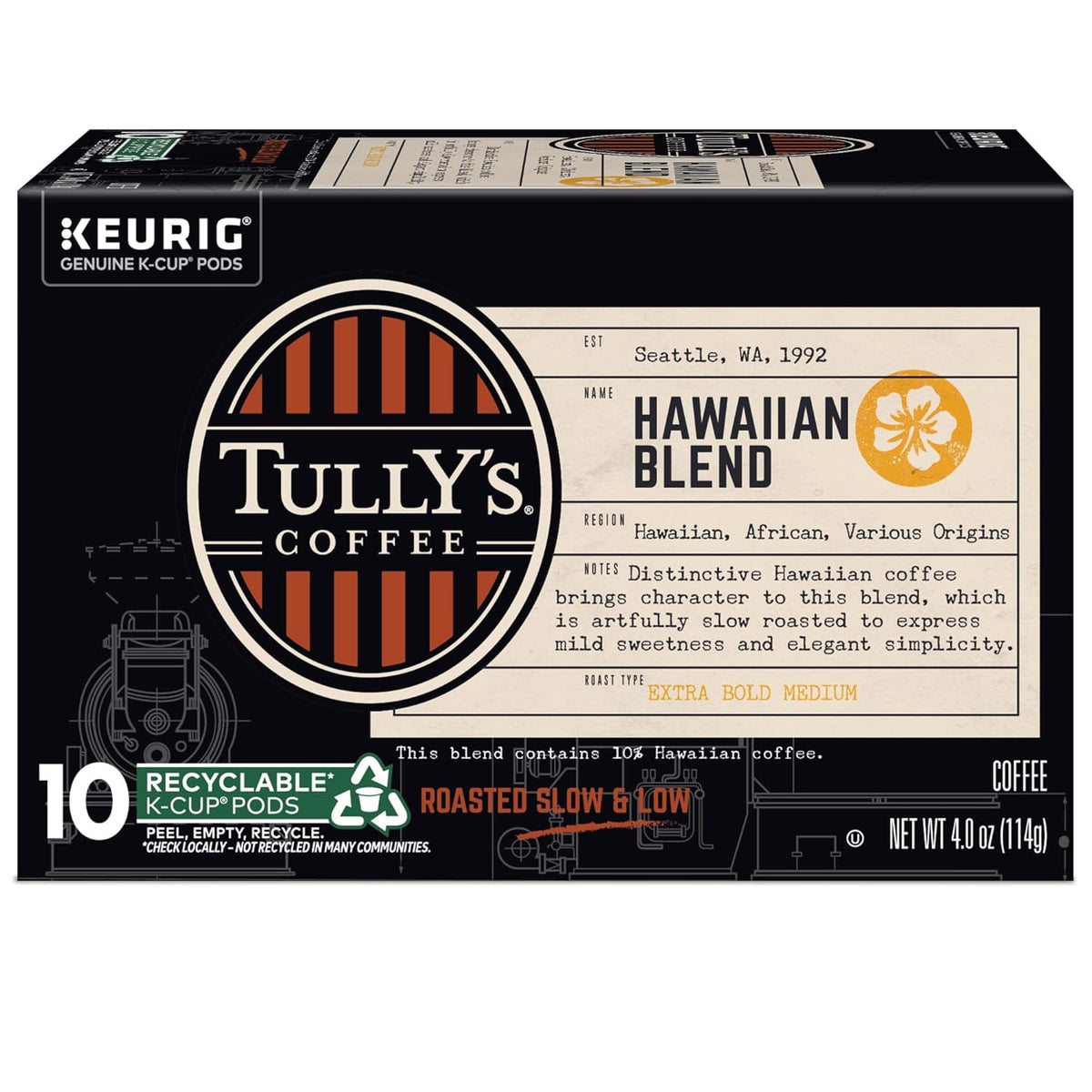 Tully's Coffee Hawaiian Blend K-Cup Pods - Medium Roast, 60 Count (6 Packs of 10)