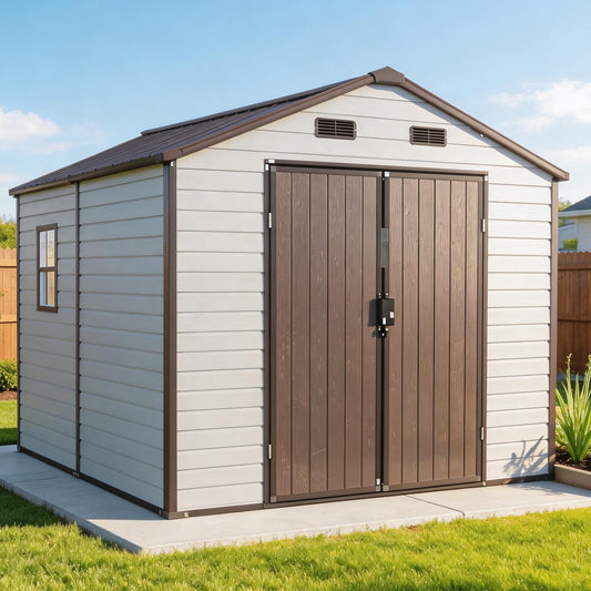 FammyLoft 8x8 FT Heavy Duty Resin Shed with Floor, Waterproof Outdoor Storage Shed with 2 Windows & 4 Vents, Lockable Door for Backyard, Garden, Patio, Bikes Brown White