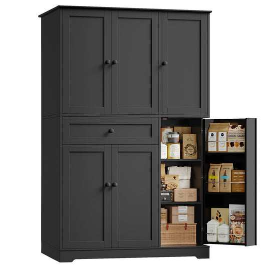 HOSTACK 68" Tall Kitchen Pantry Storage Cabinet, Modern Kitchen Hutch Cabinet with Doors and Shelves, Freestanding Food Pantry with Large Storage Drawer for Dining Room, Living Room, Black