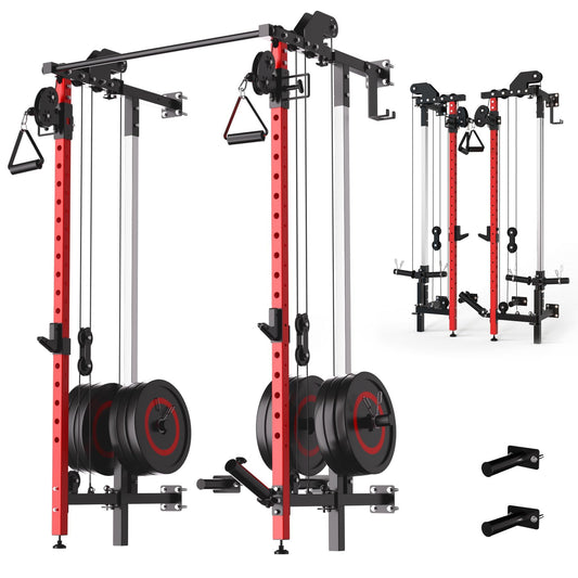 GarveeHome Folding Squat Rack, Wall Mounted Power Rack with Dual Pulley System & Pull Up Bar, Fitness Equipment for Home Gym, Garage, Apartment