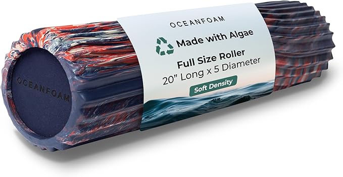 Oceanfoam Soft Tidal Roller (Dark Navy, Red and Natural Marbled) - Low Density Foam Roller for Physical Therapy, Back Pain, Exercise & Stretching - Wave Textured - Yoga, Wellness - Full Size, 20" x 5"