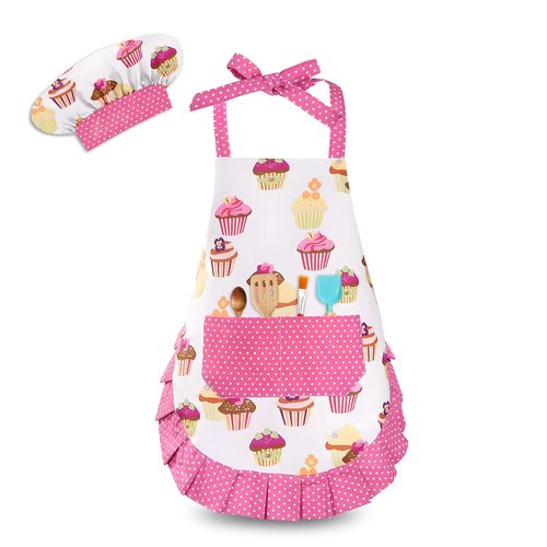 HKKDKTA Kids Aprons for Cooking,Kids Chef Hat and Apron with Large Pocket for Baking Cupcake kids Apron for 6-12 Years