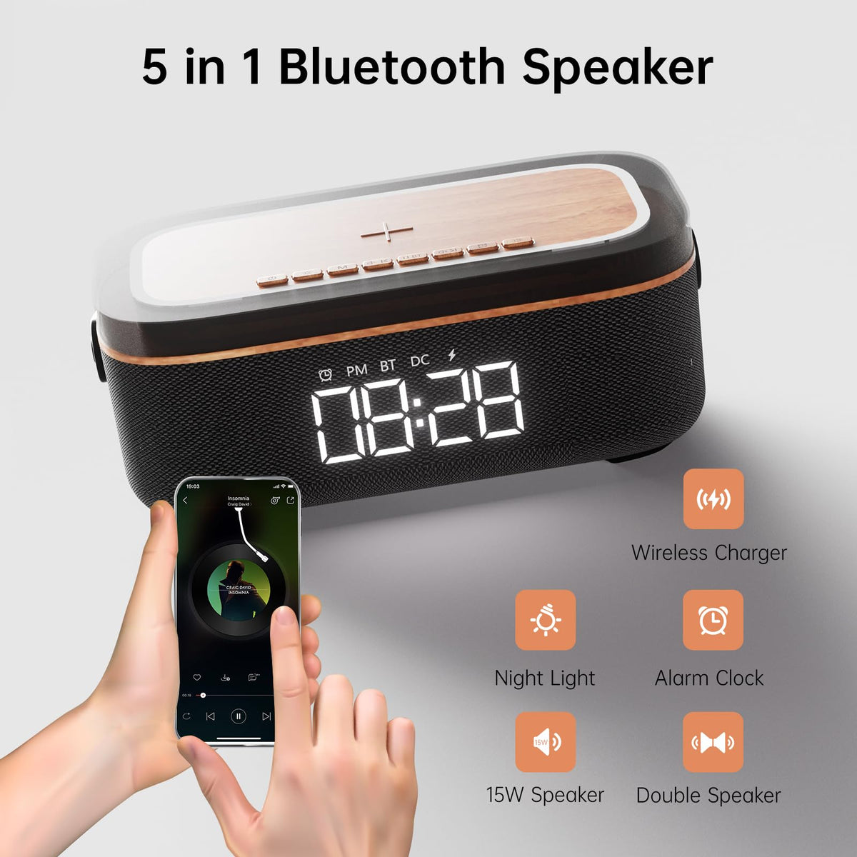 LOVME Alarm Clock Bluetooth Speaker for Bedroom, Bluetooth Stereo Sound Speaker, Fast 15W Wireless Charger, Dimmer, Night Light for Heavy Sleepers, Gift Set, Bedside(Black)