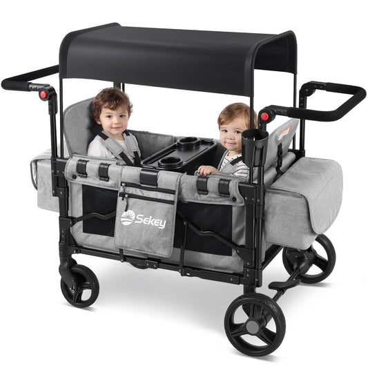 Sekey Wagon Stroller for 2 Kids, Luxury 4-in-1 Stroller Wagon - Premium Quality with Convertible Seats, Adjustable Push Handles, Removable Canopy, Snack Tray & Cooler, US Certified.