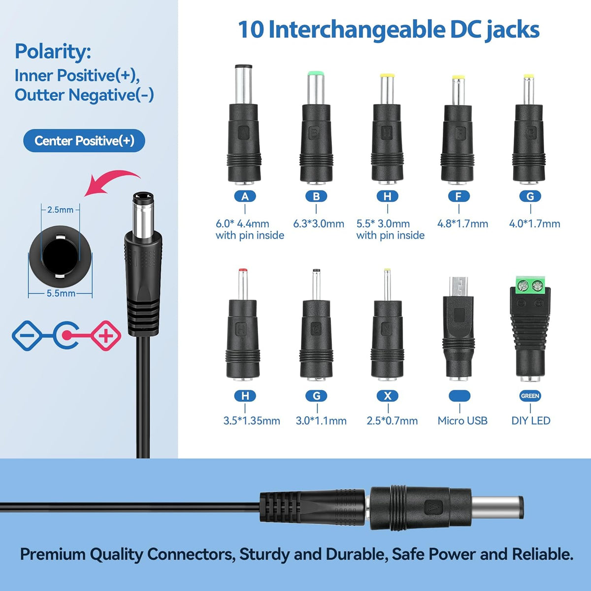 Beudsa ChargN 15V 2A 10 100-240V 50-60Hz, DC Power Supply Charger with Interchangeable DC Plugs, AC Adapter for Pet