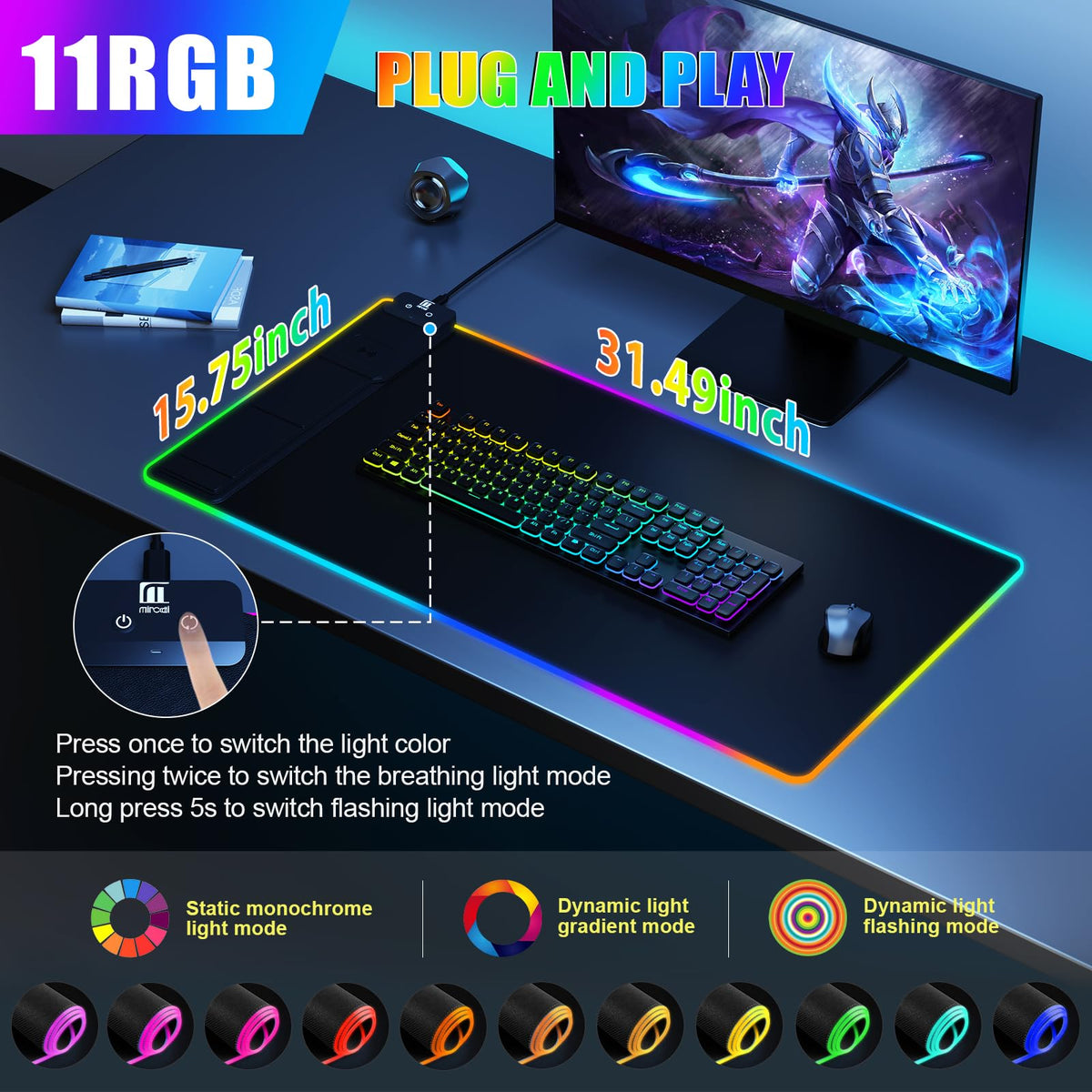 Mouse Pad with Phone Holder, Wireless Charging Desk Mat, RGB Gaming Mousepad Home Office Large Desk Pad with Ultra-Smooth Surface, Non-Slip Base, Waterproof Keyboard Pad, Classic Black Desk Mat