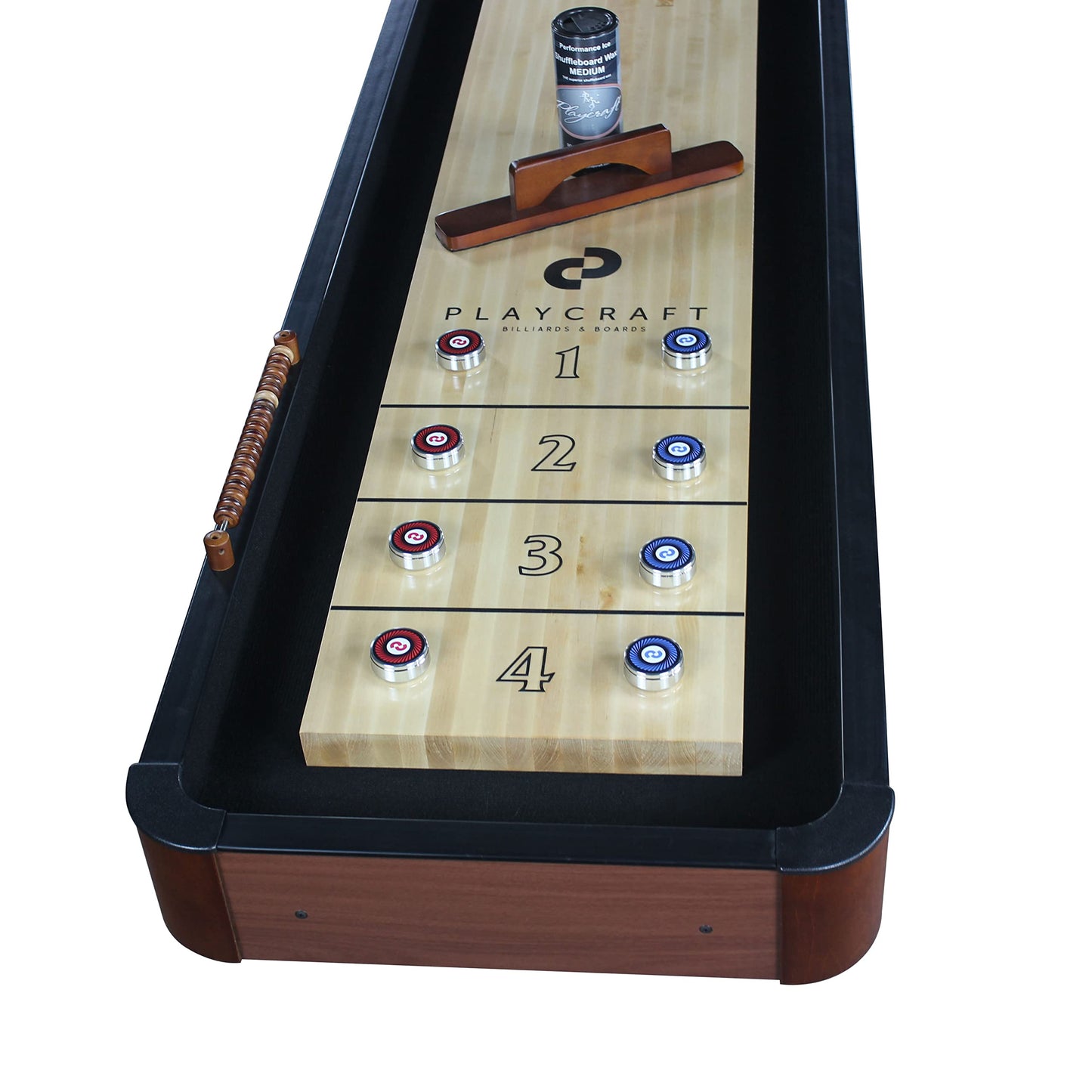 Playcraft Woodbridge Shuffleboard Table with Storage Cabinet - Shuffle Board Game Table Set with Matching Abacus, 8 Pucks, Brush & Wax (Made in USA) - Pro Style Climate Adjusters - Cherry - 16ft