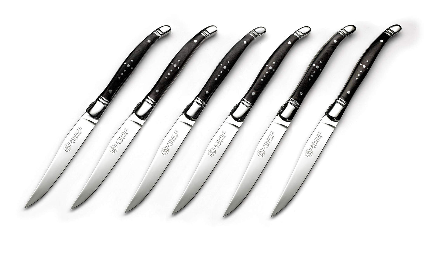 Laguiole California Steak Knives - 6 Piece Blackwood Set - Ergonomic Handles - Stored in a California Oakwood Gift Box - Extremely Sharp Straight Steel Blades are Thick Gauge, Full Tang