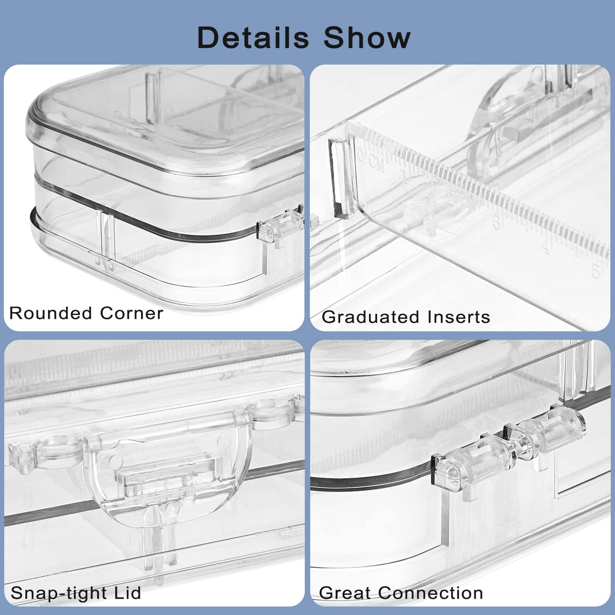 BTSKY Double Deck Pencils Box Clear Plastic Stationery Box with 4 Removable Ruler Dividing Spacers Multi-grid Home Utility Boxes with 6 Compartments for Pencils Erasers Clips (Clear)