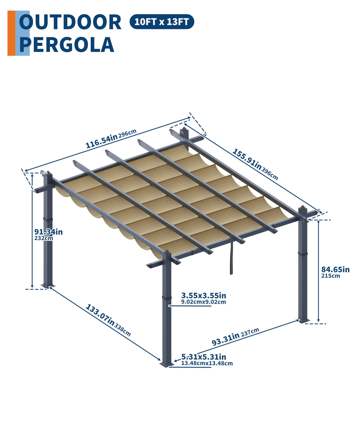 GarveeLife 10x13 ft Aluminum Pergola, Outdoor Metal Pergola with Adjustable Canopy, Reinforced Frame Outdoor Shelter for Backyard, Garden and Deck - Khaki