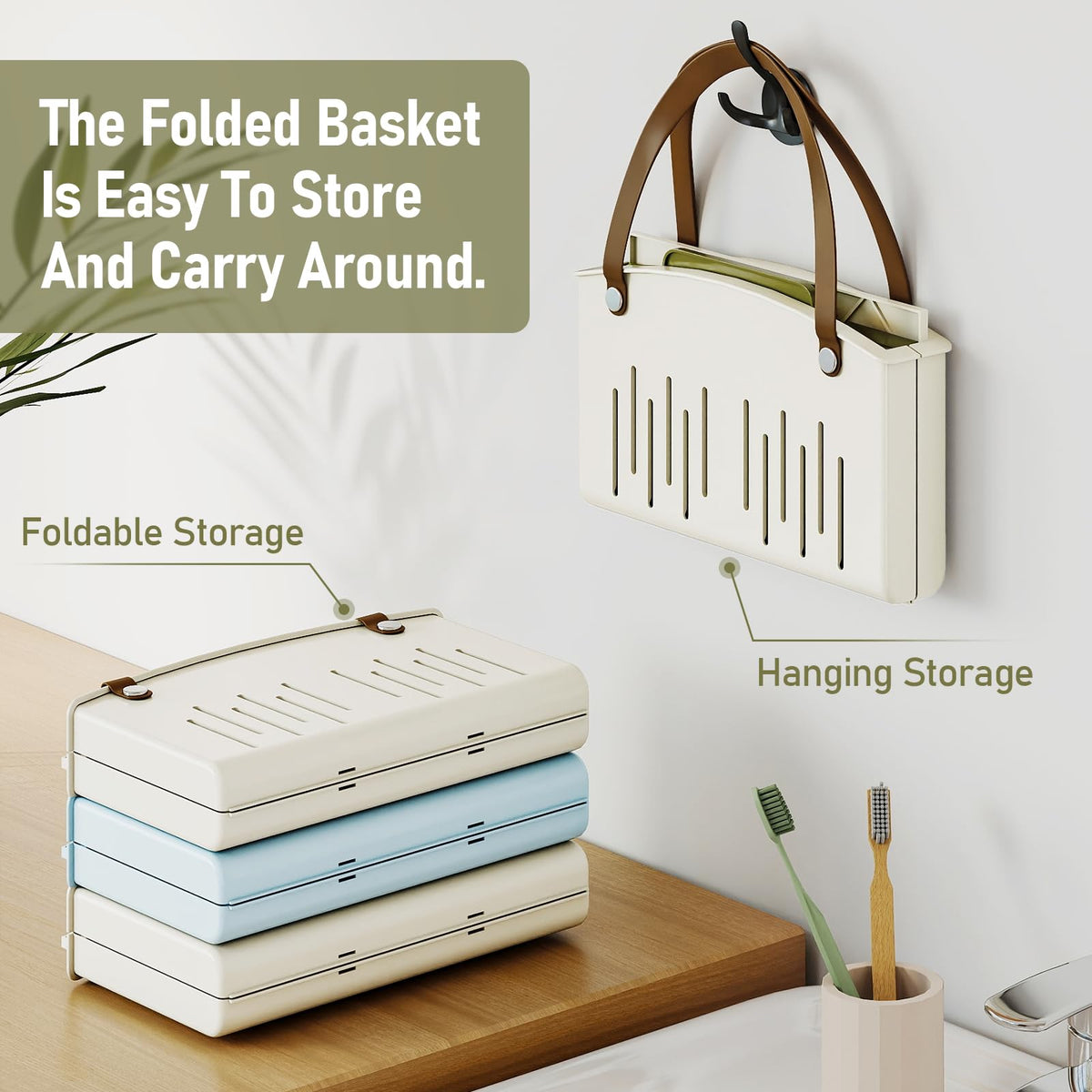 Delamu Portable Shower Basket Caddy with Double Handle Foldable Dry Wet Separation Design 11.0 × 7.1 × 6.5in, Travel, Camping, Gym, College Bathroom Tote, WhiteGreen, Ideal Christmas Gifts for Girls