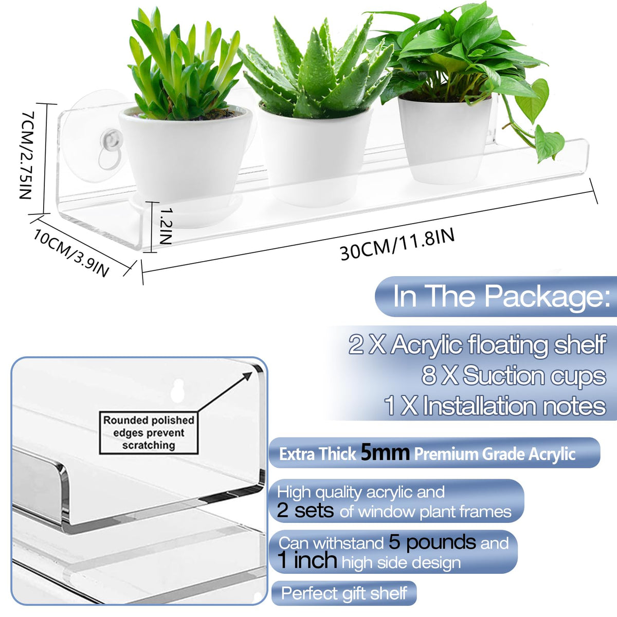 Skewo 2 Pack 12 Inch Acrylic Window Boxes Plant Shelves, with Suction Cup Window Sill Extender, for Indoor/Outdoor Succulents, Micro Greens, Seed Starter Pots, Herb Planters