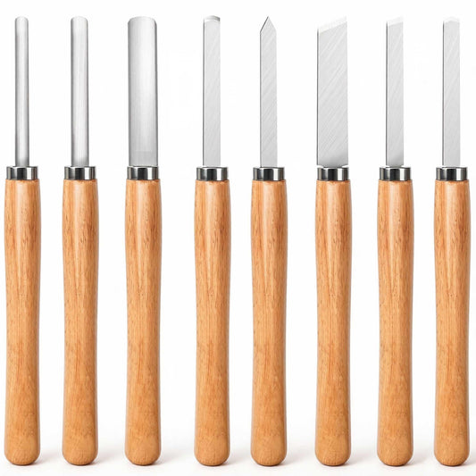 Hanpex 8 Piece Heavy Duty Wood Turning Chisel Set, Lathe Chisel Cutting Tools, (3) Gouge (1) Round Nose (1) Spear Point (2) Skew and (1) Parting Tools for Beginner to Professional