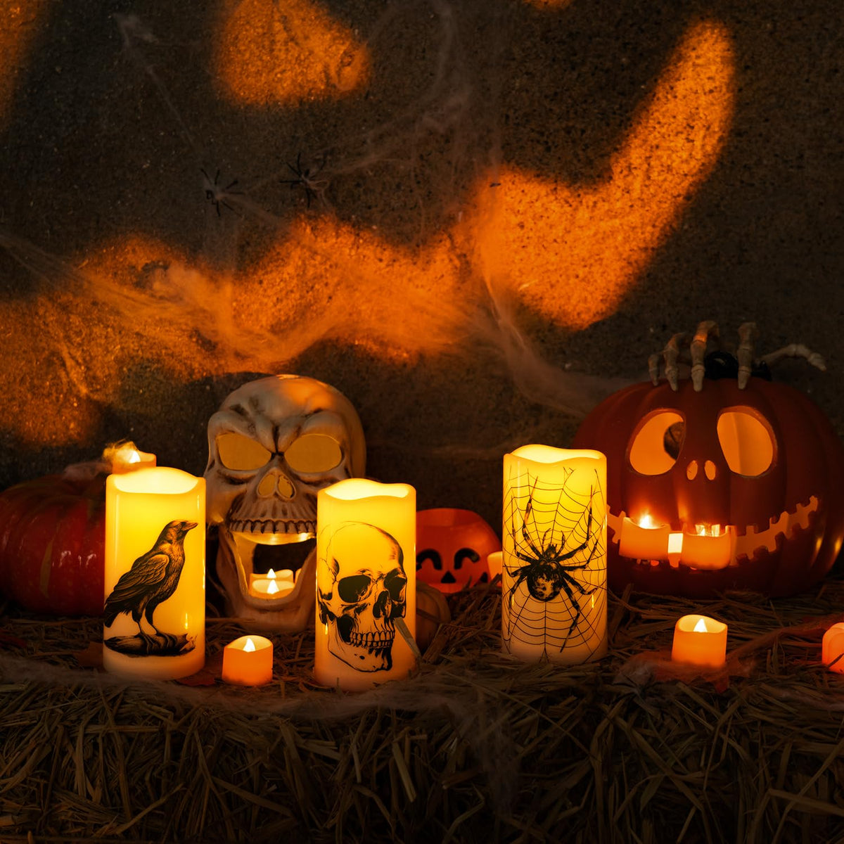 Homemory Halloween Candles, Color Changing Flameless Candle, Battery Opeated Candle, Outdoor Waterproof Plastic Candle with Remote and Timers, Skull, Crow, Spider, 13 Colors, Set of 3